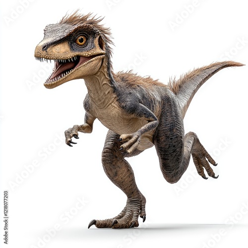 Fototapeta Naklejka Na Ścianę i Meble -  Playful dinosaur running, white background, prehistoric fun, kids' book illustration