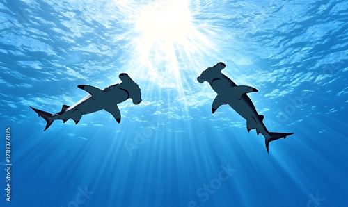 Two hammerhead sharks swim, sunlight ocean. Underwater wildlife, nature scene photo