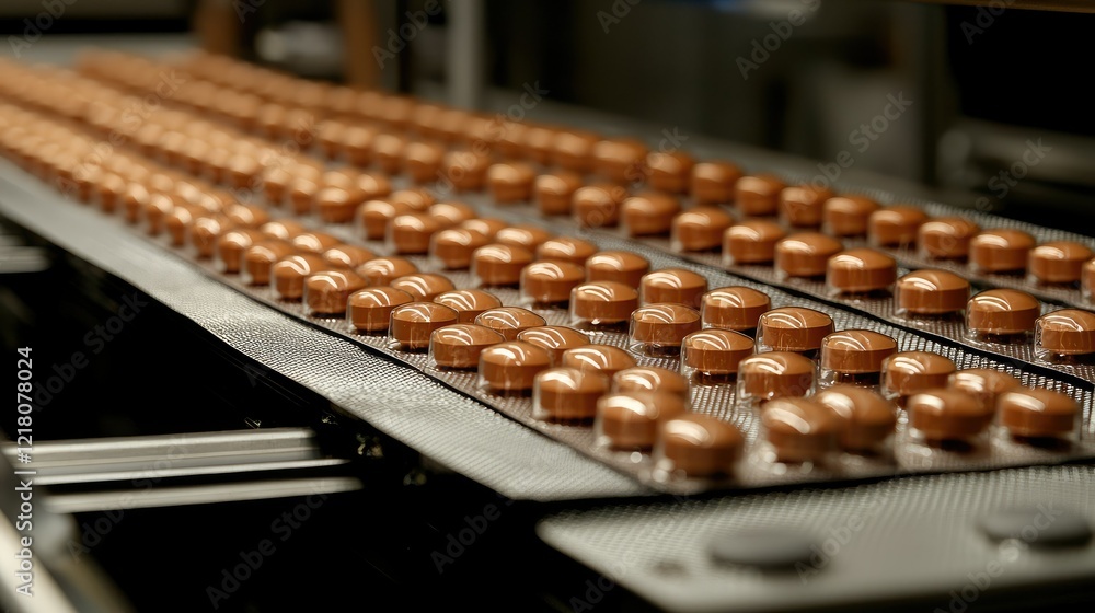 Rows of brown pills on a production line conveyor belt Rows of brown pills on a production line conveyor belt