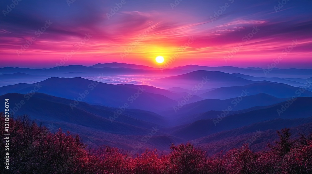 Fototapeta premium Majestic sunset over rolling mountains with vibrant colors and mist in the valleys below