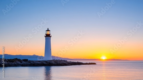 Serene lighthouse at sunset illuminating the coastline with vibrant colors and calm waters