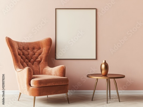 3D rendering, mockup of a vertical blank poster frame on the wall in a minimalistic interior design, with a side table and armchair nearby photo