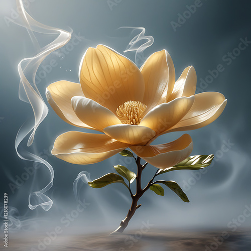 golden magnolia flower on foggy background, created by generative ai