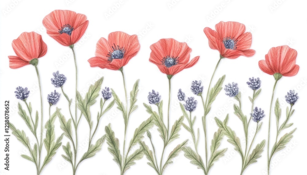 Fototapeta premium Vibrant illustration of red poppies and lavender flowers arranged harmoniously on a clean background