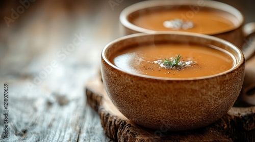 Creamy soup in rustic bowls on wooden table, steam rising, food photography for recipe blogs photo