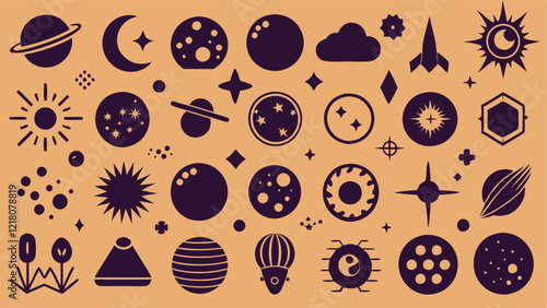 Flat icons depicting celestial events such as eclipses, auroras, meteors, and moon phases