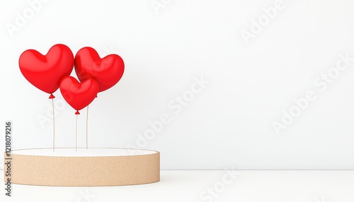 Three red heart-shaped balloons on a minimalist platform against a white background, evoking love