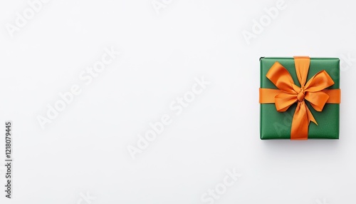 A beautifully wrapped green gift box with an orange ribbon on a clean white background