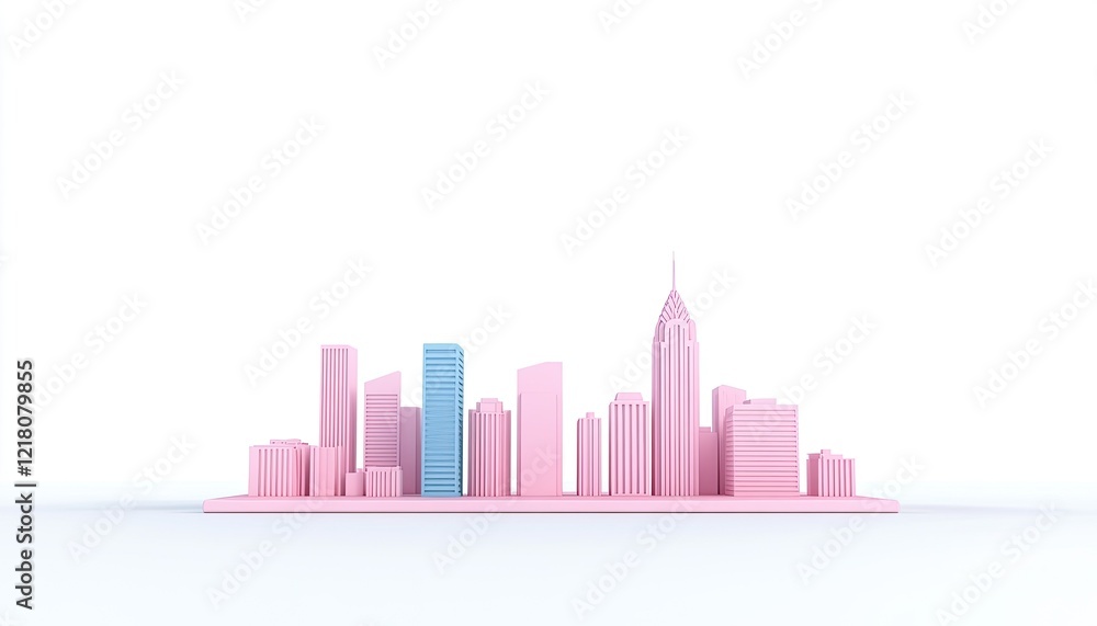 Fototapeta premium Minimalist pink city skyline model showcasing various building shapes against a white backdrop