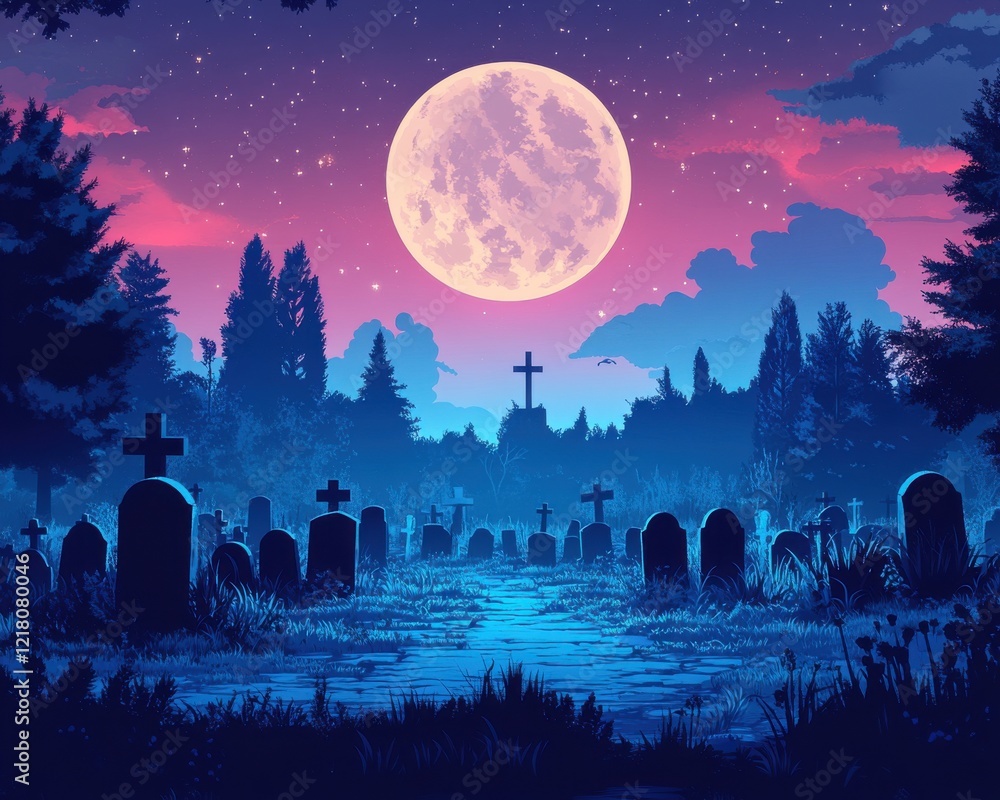 Naklejka premium melt grim concept. Eerie graveyard under a full moon
