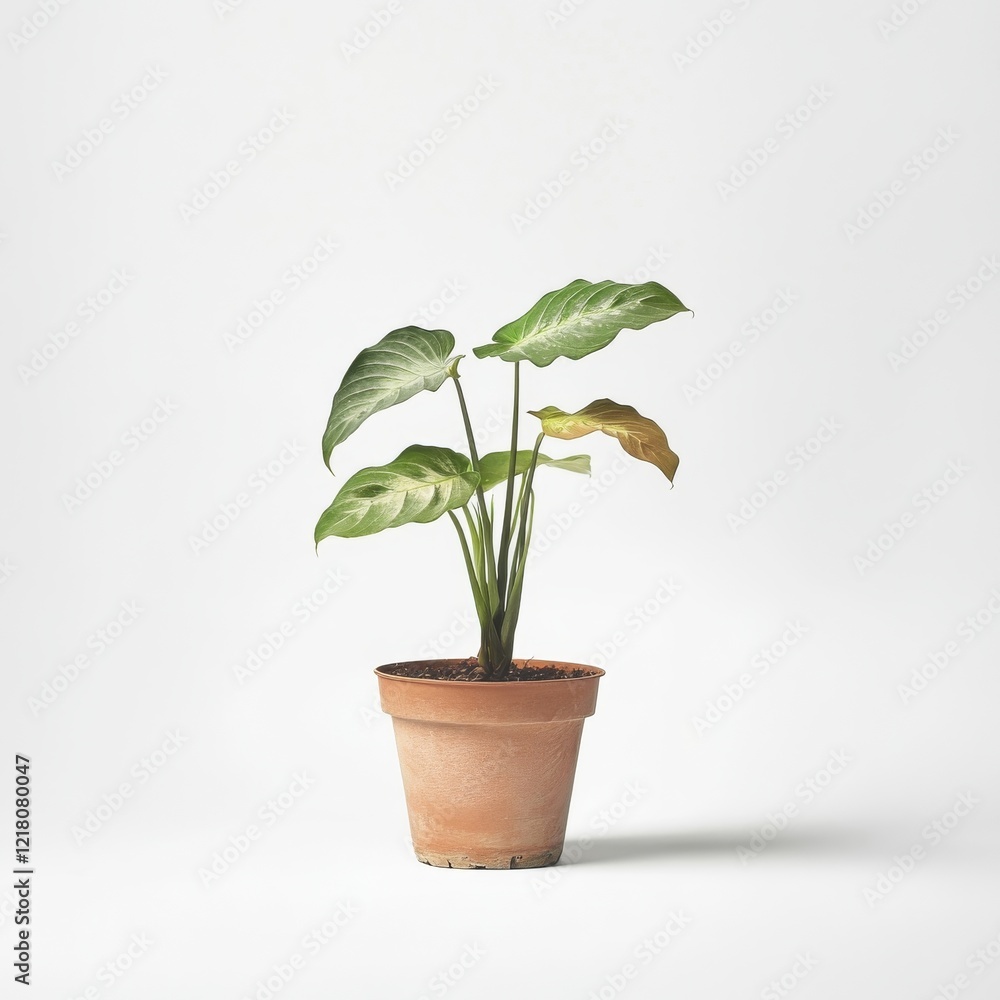 Obraz premium Alocasia Frydek in a Terracotta Pot Against a White Background