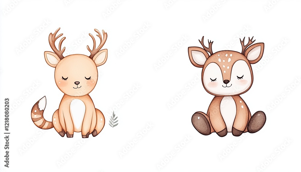 Two cute cartoon deer, one sitting with closed eyes and the other with a joyful expression, on a white background Two cute cartoon deer, one sitting with closed eyes and the other with a joyful expression, on a white background