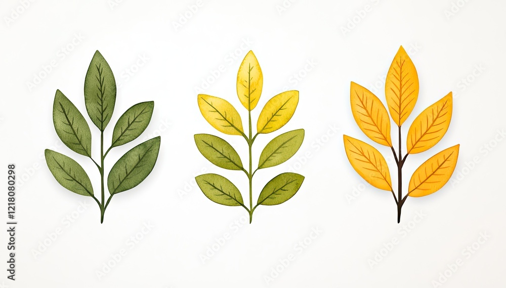 Three sets of leaves in varying shades of green and yellow arranged on a white background