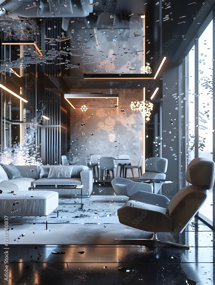 Fototapeta premium Illustration of An ultra-modern living room with sleek furniture, partially disintegrating into digital particles, blending luxury with chaos. Ai Generate. 