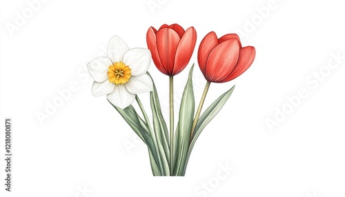Beautifully illustrated bouquet of red tulips and white daffodil with green leaves on white background