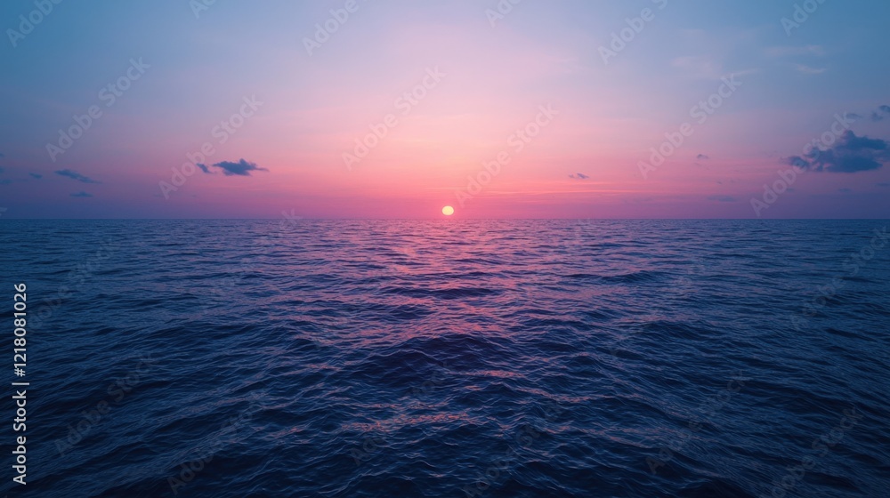 Obraz premium Seascape and waves dynamic, A serene sunset over the ocean, with vibrant hues of pink and purple reflecting on the calm water.