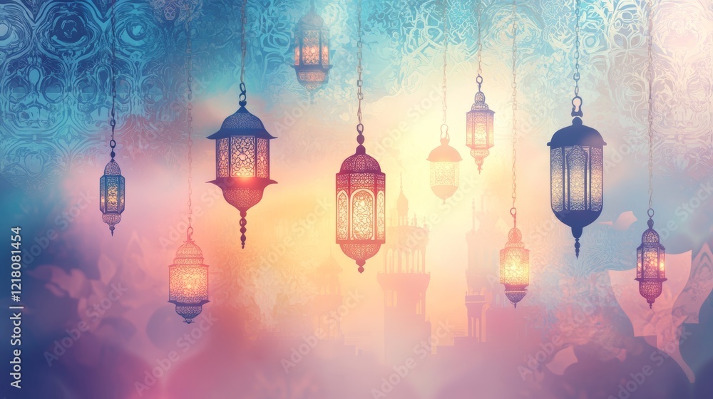 Islamic theme with hanging lanterns and ornamental patterns. pastel color Islamic theme with hanging lanterns and ornamental patterns. pastel color