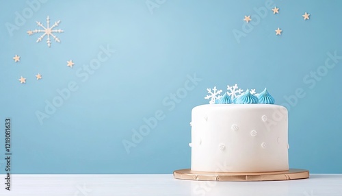 Festive white cake with blue decorations against a soft blue background, ideal for celebrations