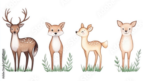 Four adorable illustrated deer characters standing in grass with subtle foliage in the background