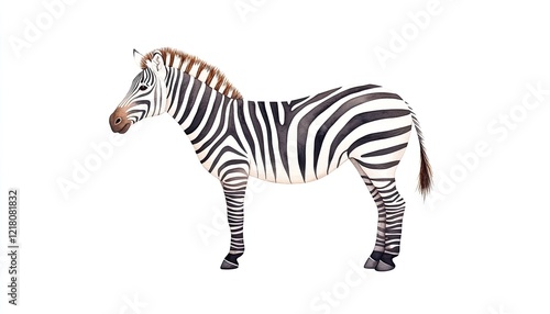 Detailed illustration of a zebra standing gracefully on a white background, showcasing its stripes