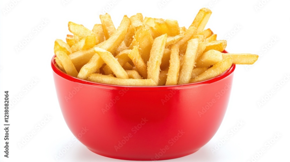Freshly Cooked Fries in Red Bowl on White Background Freshly Cooked Fries in Red Bowl on White Background