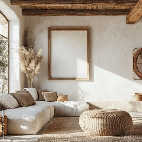 A large white wall with an empty picture frame, a cozy rustic interior design living room, wooden ceiling beams, modern organic shapes and textures, neutral tones, warm sunlight, and a boho-style aest photo