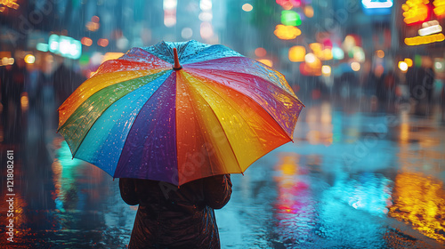 Wallpaper Mural Rainy Night Cityscape Person with Colorful Umbrella in the Rain Torontodigital.ca