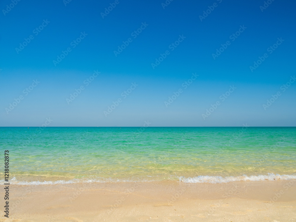 Fototapeta premium Photography horizon beautiful landscape summer season panorama tropical sea beach white sand clean blue sky background calm nature ocean soft wave water travel at Sai Kaew Beach island sun day time