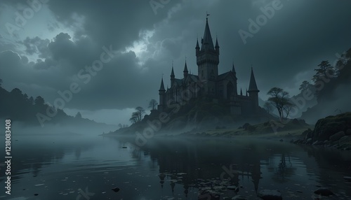 Dark fantasy old castle, gloomy lake, dark sky, ancient castle reflected on the water. digital art style, generative AI
 photo