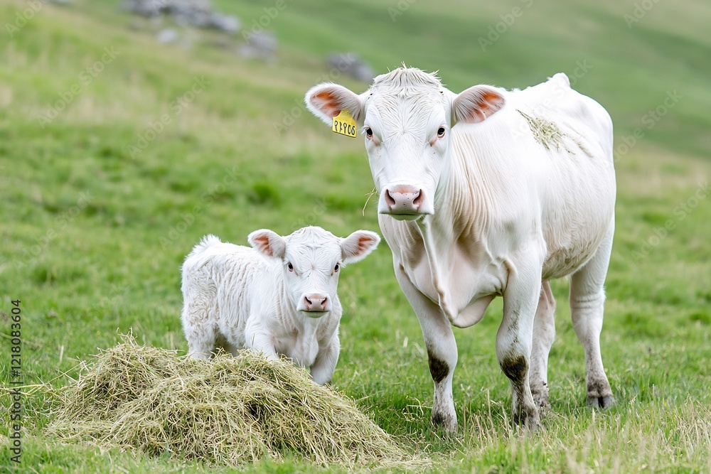 White cow, calf, pasture, grazing, farm White cow, calf, pasture, grazing, farm