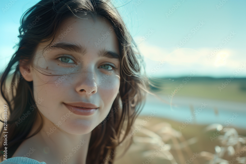 Portrait of a beautiful young Sweden female, looking at the camera and smiling. In the background, a blurred Romania landscape in summer. Portrait of a beautiful young Sweden female, looking at the camera and smiling. In the background, a blurred Romania landscape in summer.