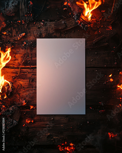 blank white card on a wooden surface with glowing embers and flames