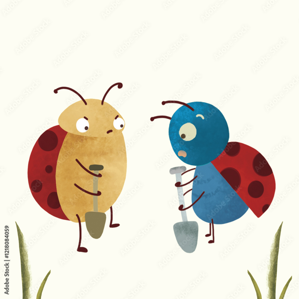 Obraz premium Hand Drawn Two Bugs Holding a Shovel in the Garden