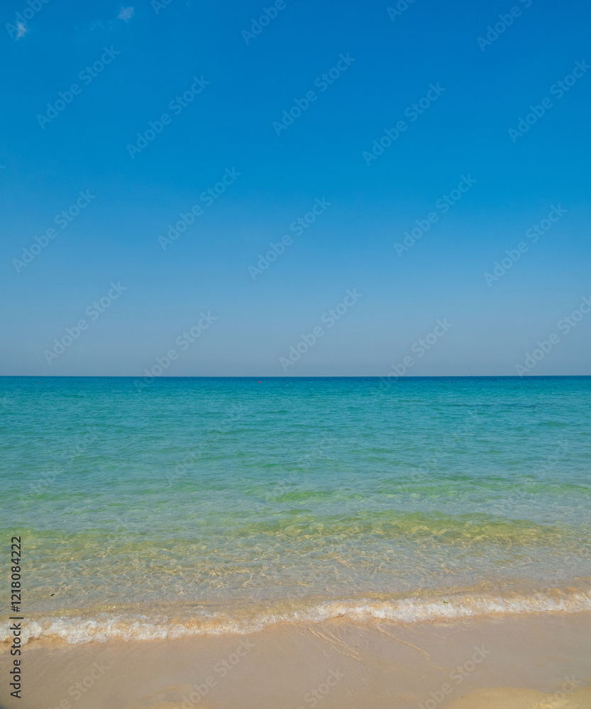 Fototapeta premium Photography landscape beautiful summer season vertical look view horizon tropical shore open sea cloud clean blue sky background calm nature ocean wave water nobody travel at Thailand sun day time.
