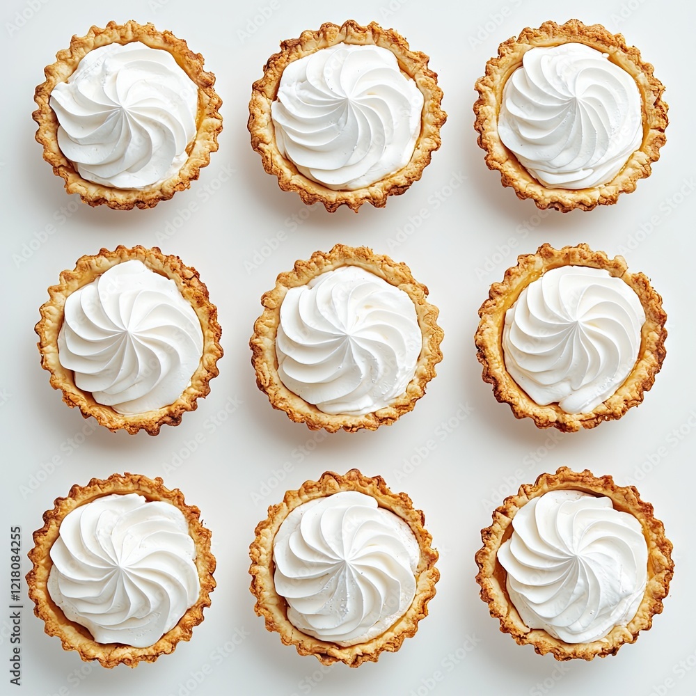 Nine mini cream tarts, overhead view, white background, dessert recipe Nine mini cream tarts, overhead view, white background, dessert recipe