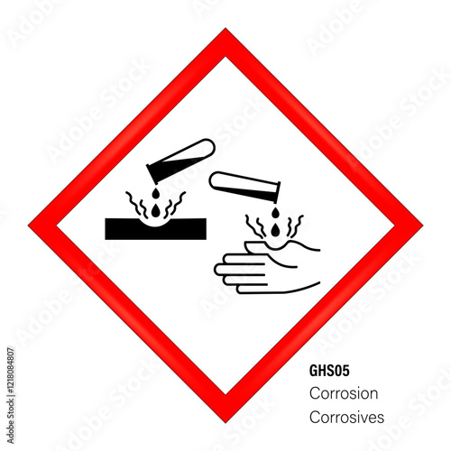 Corrosive warning sign. Globally harmonized system hazard pictograms symbol. Warning symbol GHS icon. Safety Sign. Danger zone.