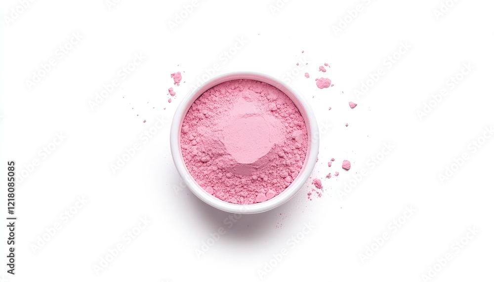 Vibrant pink powder in a white bowl with scattered powder on a clean surface, ideal for culinary or artistic uses Vibrant pink powder in a white bowl with scattered powder on a clean surface, ideal for culinary or artistic uses