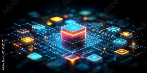 Glowing Cube in Digital Network.