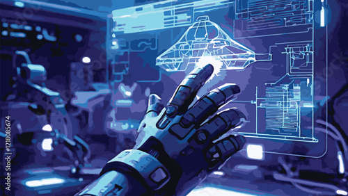 Robotic Arm A robotic arm assembling parts in a factory; the background of machinery?is?blurred-01.eps