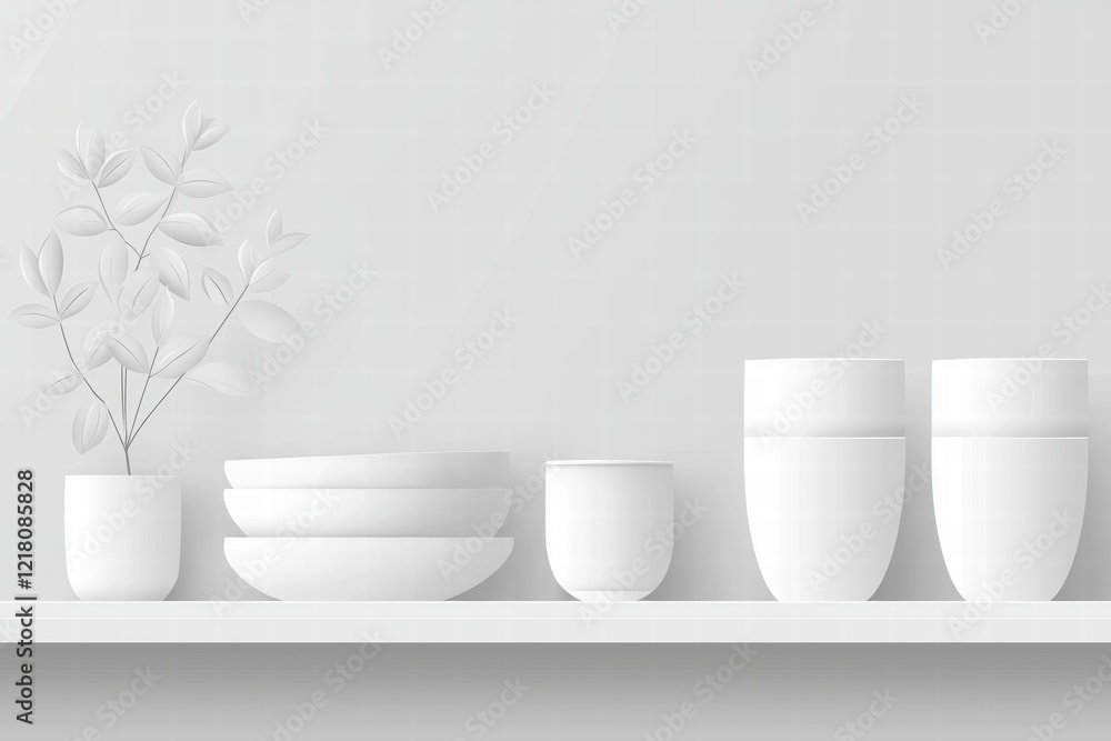Minimalist White Dinnerware and Plant on Clean Shelf Background Minimalist White Dinnerware and Plant on Clean Shelf Background