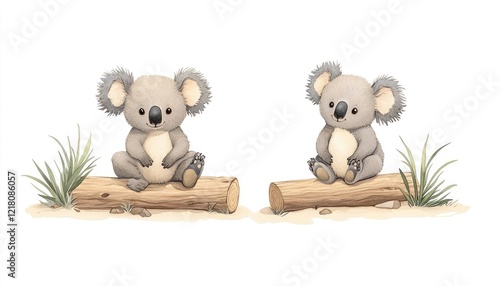 Two adorable koalas sitting on logs in a serene landscape with gentle grass accents in the background