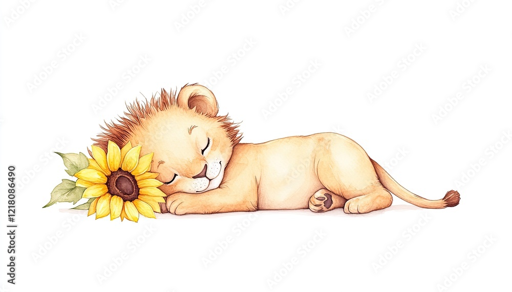 Fototapeta premium Adorable sleeping lion cub nestled beside a vibrant sunflower, evoking warmth and tranquility in a serene setting