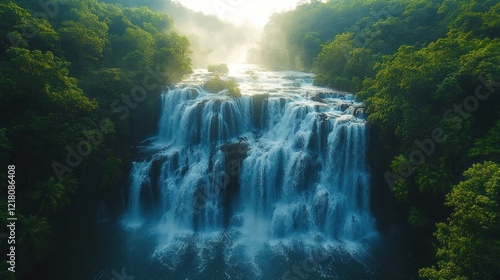 Majestic Waterfall Cascading Through Lush Green Forest with Misty Sunlight  Illuminating the Scene