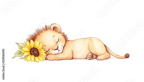 Adorable sleeping lion cub nestled beside a vibrant sunflower, evoking warmth and tranquility in a serene setting