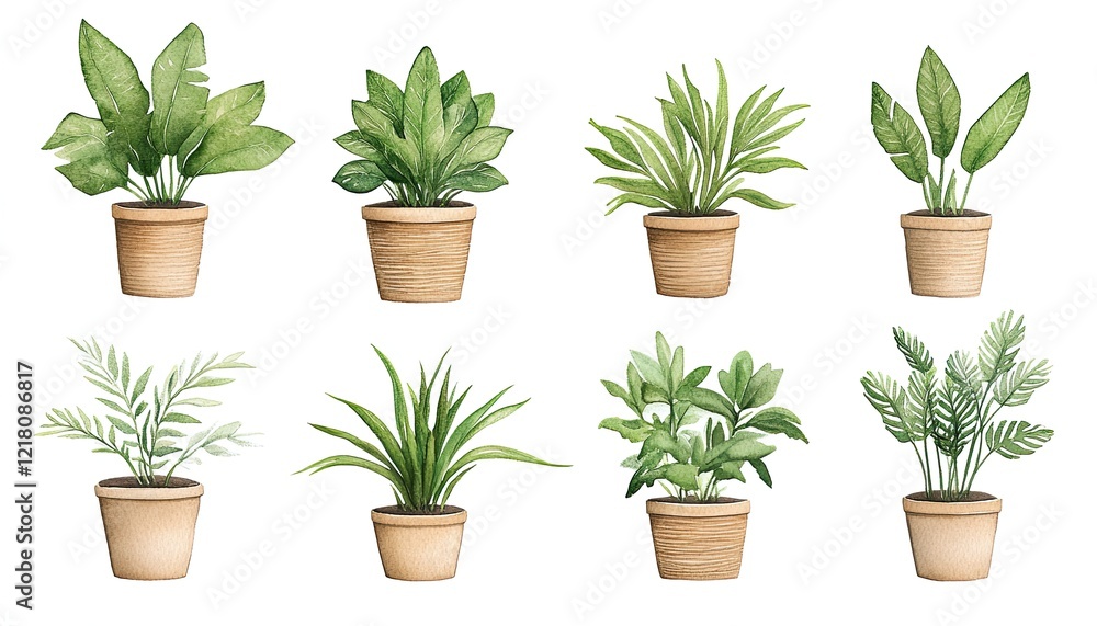 A collection of eight vibrant potted plants showcasing diverse leaf shapes and colors, ideal for home decor A collection of eight vibrant potted plants showcasing diverse leaf shapes and colors, ideal for home decor