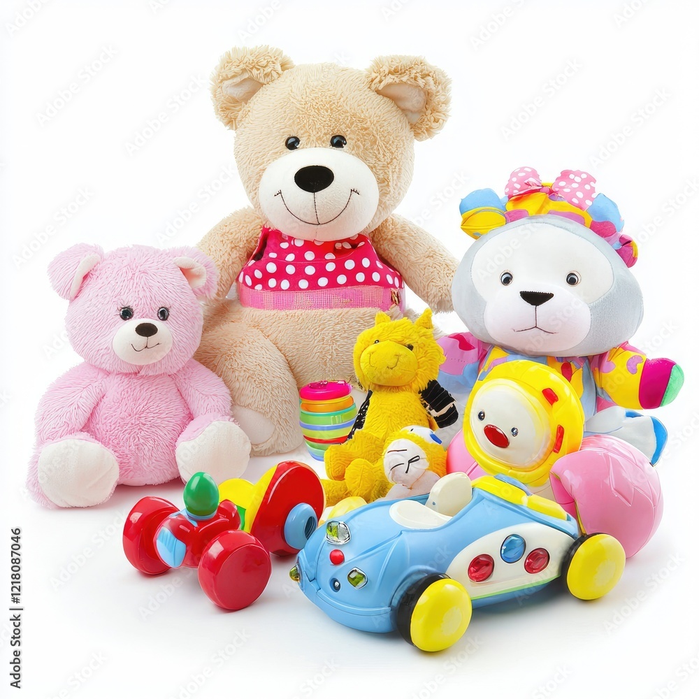 Colorful plush toys and toy car on white Colorful plush toys and toy car on white