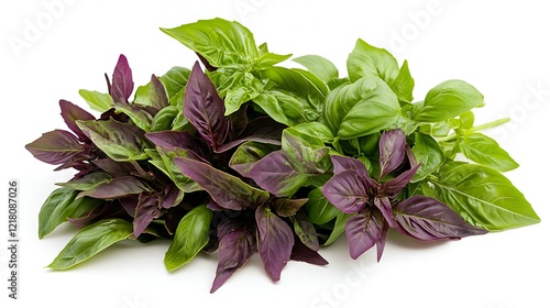 Fresh basil leaves on white background isolated vegetable and fruit composition food photography minimalist style photo