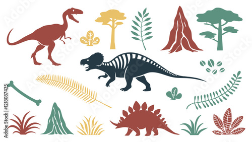 Flat Icons Silhouettes of Prehistoric Life Featuring Dinosaurs, Fossils, Volcanoes, and Plants