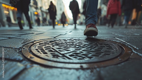 Manhole cover on a city street with pedestrians walking by, photorealistic urban detail
 photo