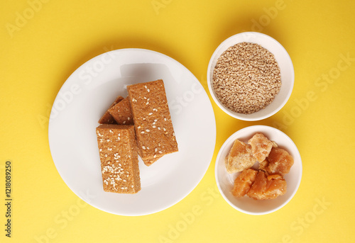 Sesame seed jaggery barfi or til ke gul   barfi and tilgul or til gul barfi 
 served in bowl for Makar Sankranti Festival in India photo